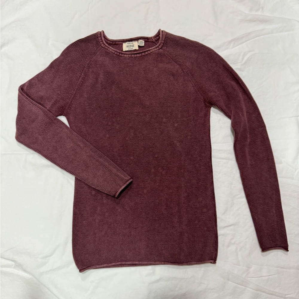 HEDGE Burgundy Distressed Crewneck Knit Sweater